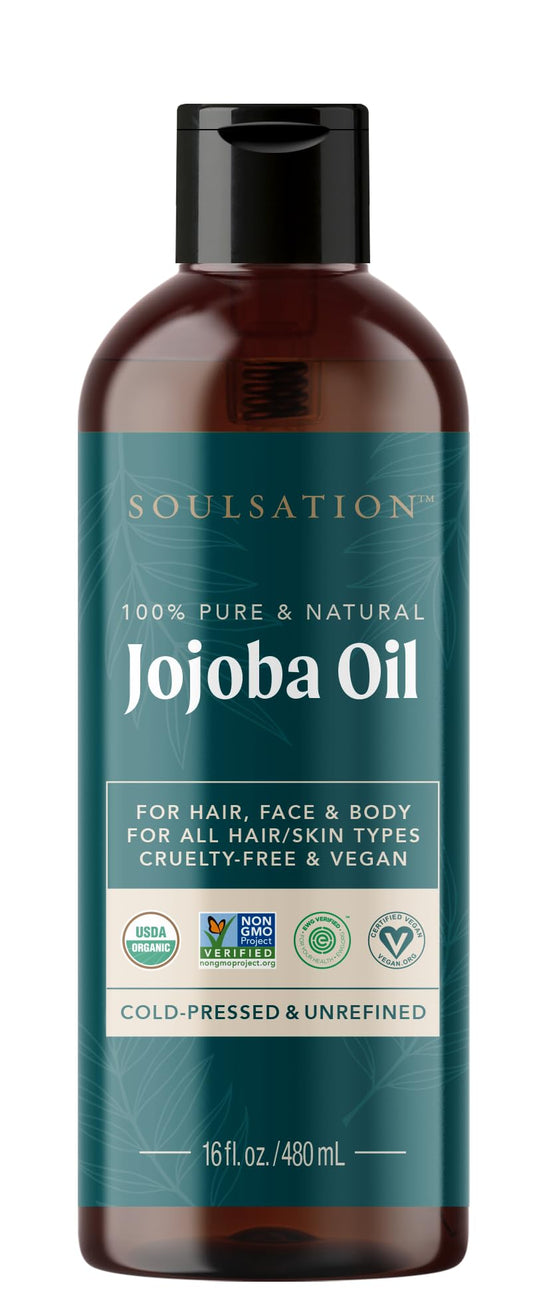 SOULSATION Jojoba Oil bottle close-up showing pure, hydrating formula for skin and hair.