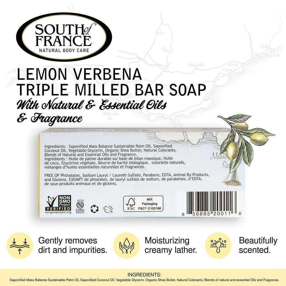 South Of France Lemon Verbena soap with creamy texture for silky cleansing.