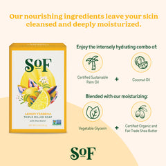 Organic shea butter emblem and vegan label on SoF packaging.
