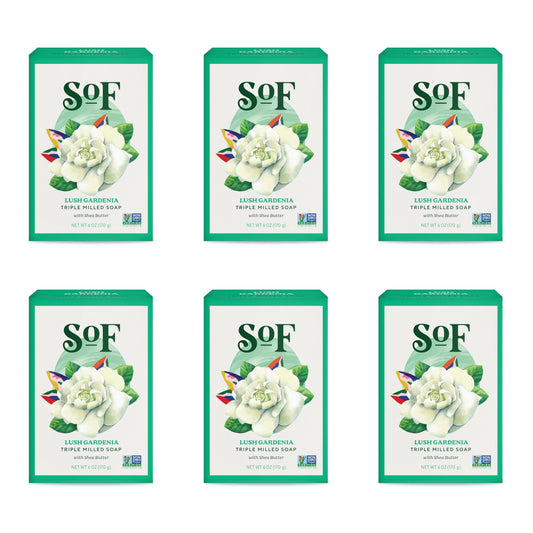 South Of France SoF Gardenia bar soap packaging highlights vegan formula and premium ingredients.