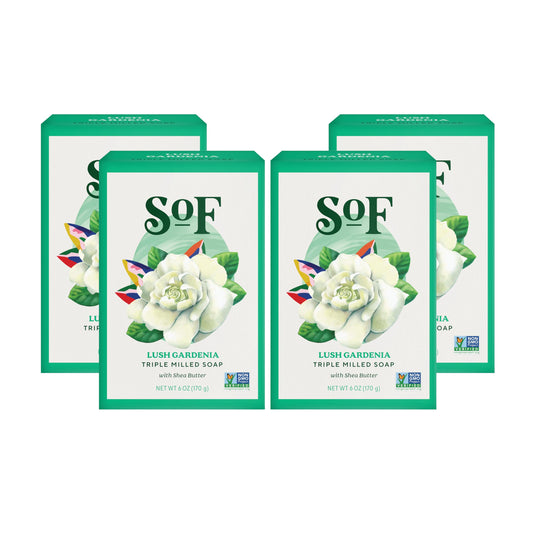 South Of France SoF Gardenia bar soap packaging highlights premium natural ingredients for daily cleansing