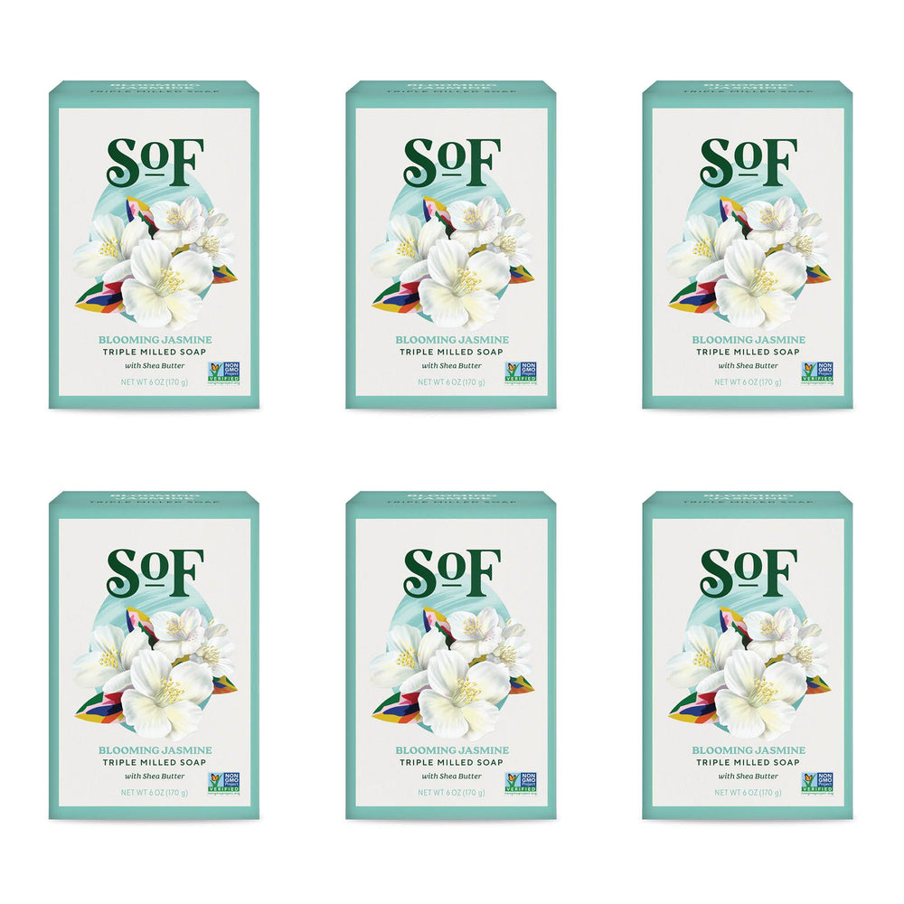 SoF Blooming Jasmine bar soap shows premium triple milled craftsmanship for a luxurious cleanse.