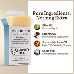 Southern Natural goat milk soap bar cut view reveals solid, long-lasting bar.