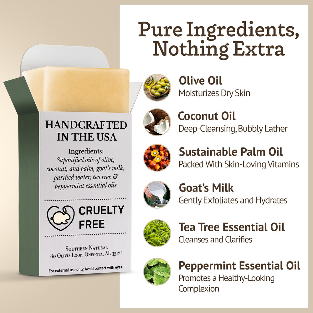 Southern Natural Goat Milk Soap Bar in hand showing smooth texture for sensitive skin.
