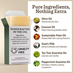 Southern Natural Goat Milk Soap Bar in hand showing smooth texture for sensitive skin.