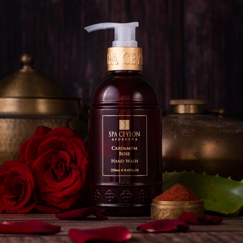 SPA CEYLON Cardamom Rose Hand Wash lather close-up — creamy foam and rich fragrance