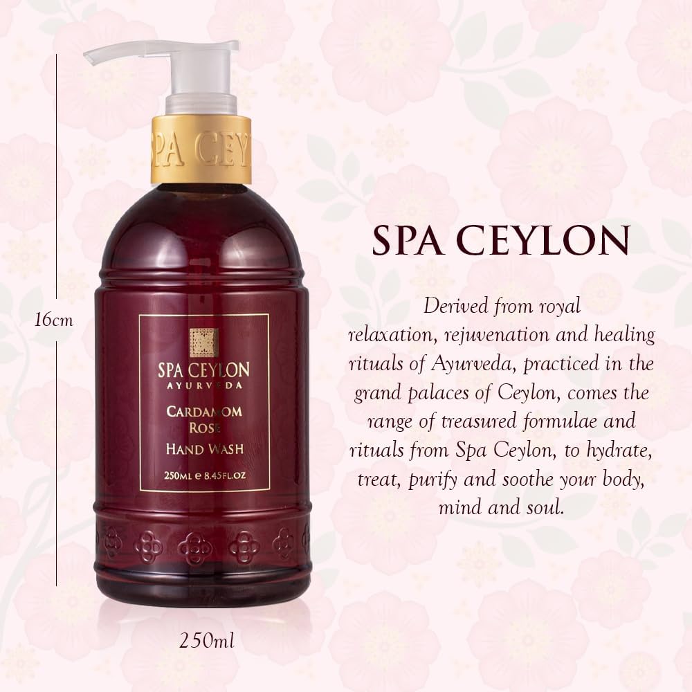 SPA CEYLON Cardamom Rose Hand Wash pump close-up — gentle cleansing with aroma