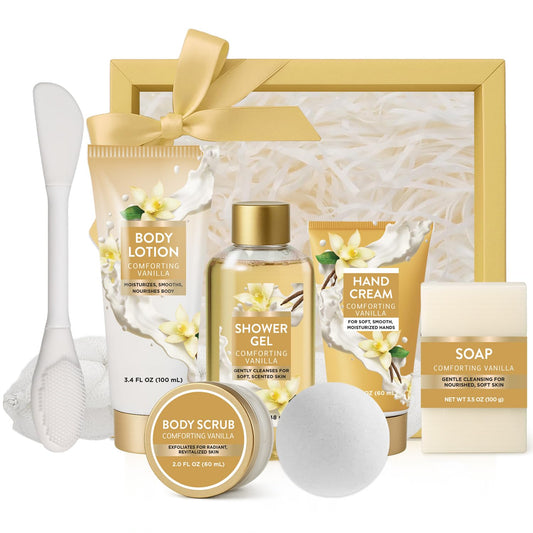 Spa Luxetique eight-piece vanilla gift set box, ready for gifting and home spa moments.
