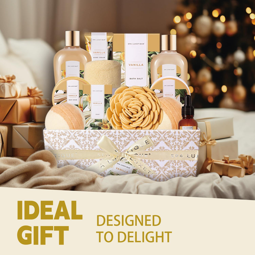 Spa Luxetique vanilla massage oil bottle ready for at-home spa moments