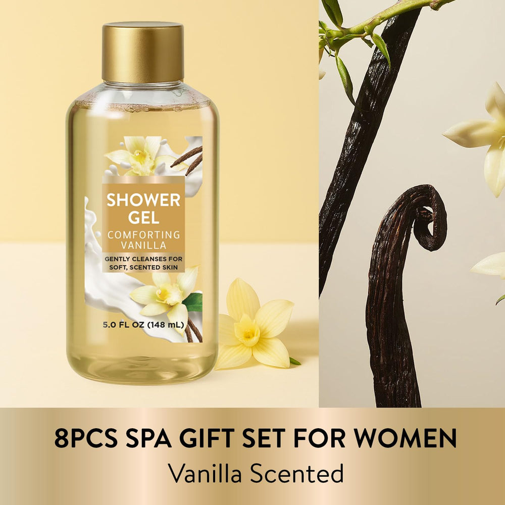 Spa Luxetique vanilla shower gel bottle offers fragrant cleansing for busy mornings.