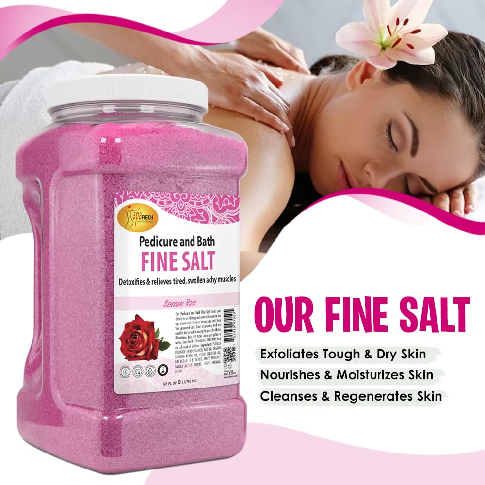 Label close-up showing 128 oz volume for SPA REDI Rose Soak.
