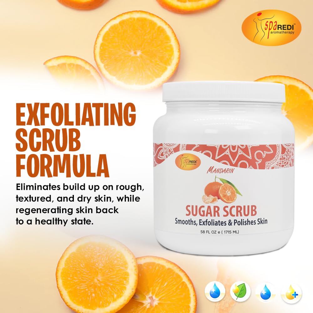Hands applying SPA REDI Mandarin Sugar Scrub for spa-like self-care