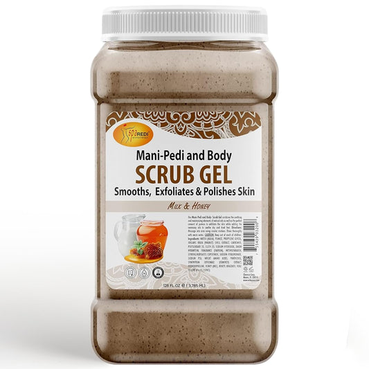 Spa Redi pumice scrub gel bottle shows Milk and Honey formula for smoother skin.