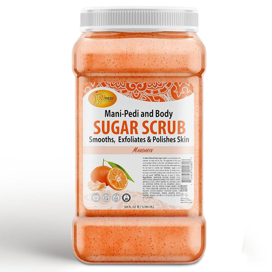 SPA REDI Mandarin Sugar Scrub bottle shows exfoliating action for smooth skin.