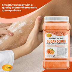 SPA REDI Mandarin Sugar Scrub jar with hand applying for radiant skin.