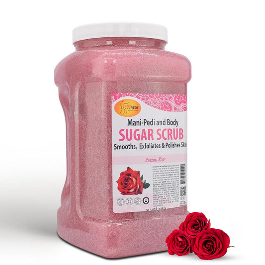SPA REDI Sugar Scrub Sensual Rose jar with exfoliating granules for smooth, hydrated skin.