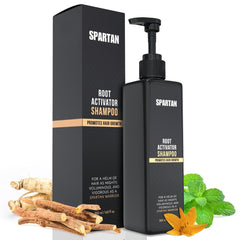 SPARTAN Root Activator Shampoo bottle closeup for men's hair health.