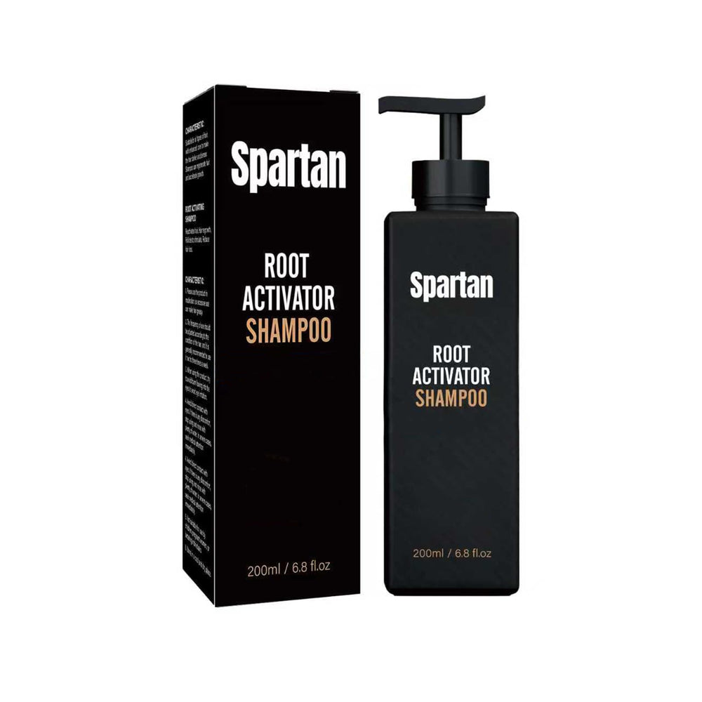 Spartan Root Activator shampoo bottle front showing premium formula for vibrant hair.