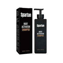Spartan Root Activator shampoo bottle front showing premium formula for vibrant hair.