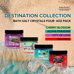 Spazazz destination bottles and crystals showcase premium aromatherapy in a tub.