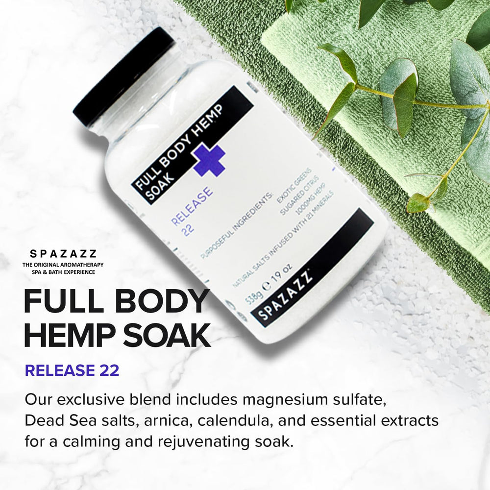 Spazazz Full Body Hemp Soak ingredients close-up emphasizes minerals and hemp components.
