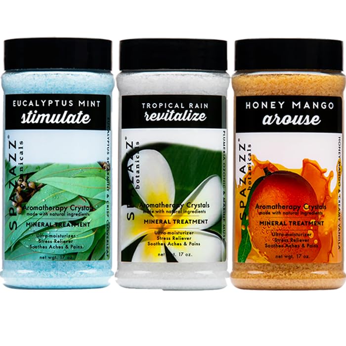 SPAZAZZ Spa Bombzz Eucalyptus Mint crystals jar para relajación renovadora.