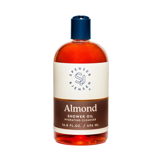 Spenser & Jensen Hydrating Almond Shower Oil bottle showing luxurious hydration and cleansing