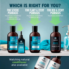 Bathroom shelf display of Sphagnum Botanicals psoriasis shampoo.