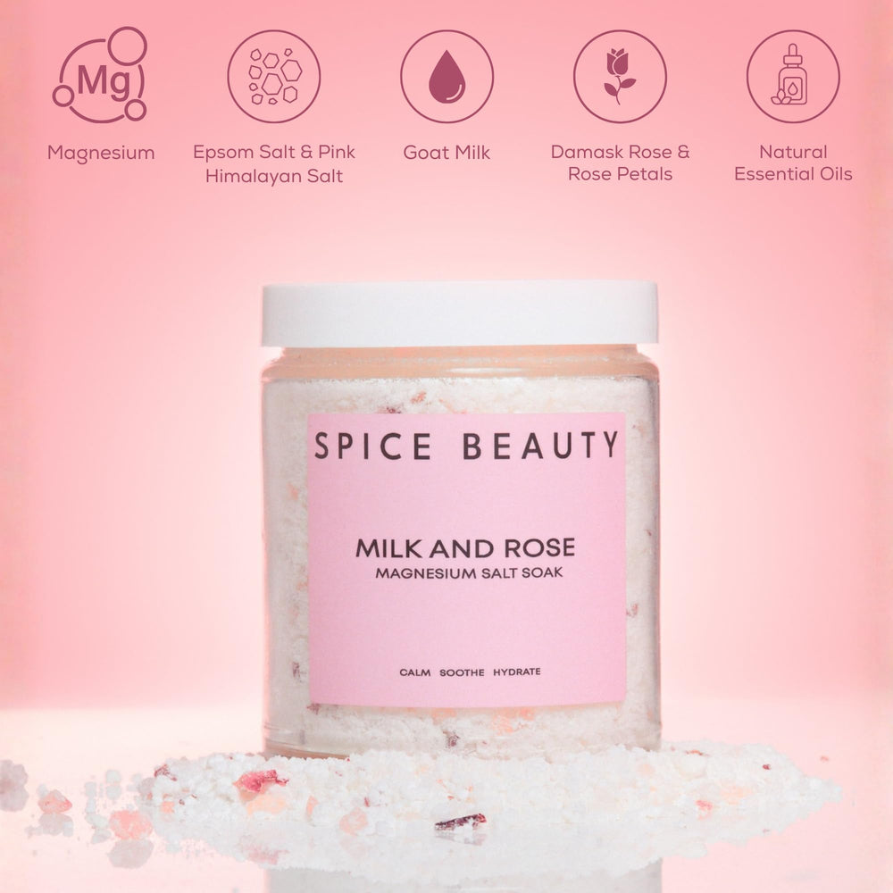 SPICE BEAUTY Goat Milk & Rose Soak in a serene bath scene suggesting soothing relaxation