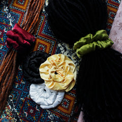 Spiral Lock Hair Tie extralarge close-up reveals stitching and handmade quality.