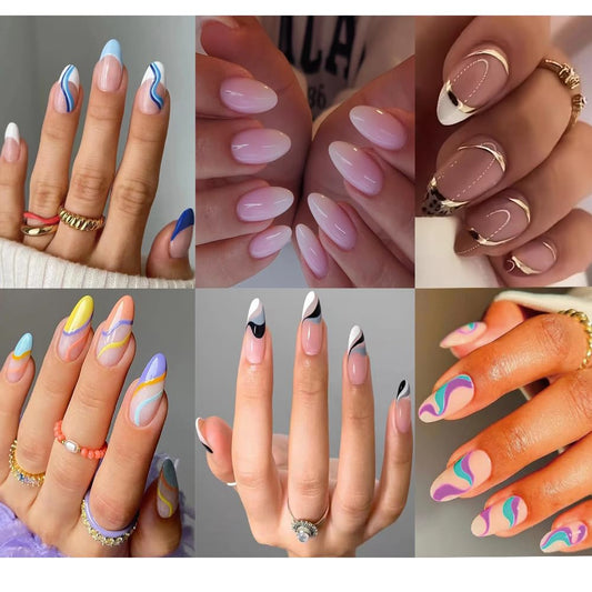 SPLOCUDU 6-pack almond-shaped nails with gold-line french-tip for at-home salon look