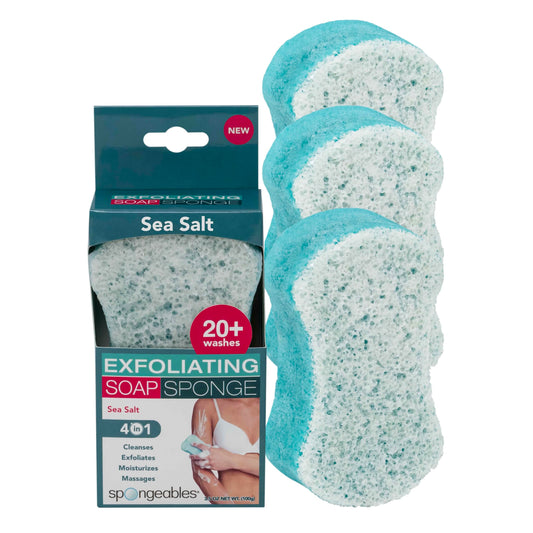Spongeables sea-salt wash sponge displaying rich lather for spa-like cleansing.