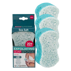 Spongeables sea-salt wash sponge displaying rich lather for spa-like cleansing.