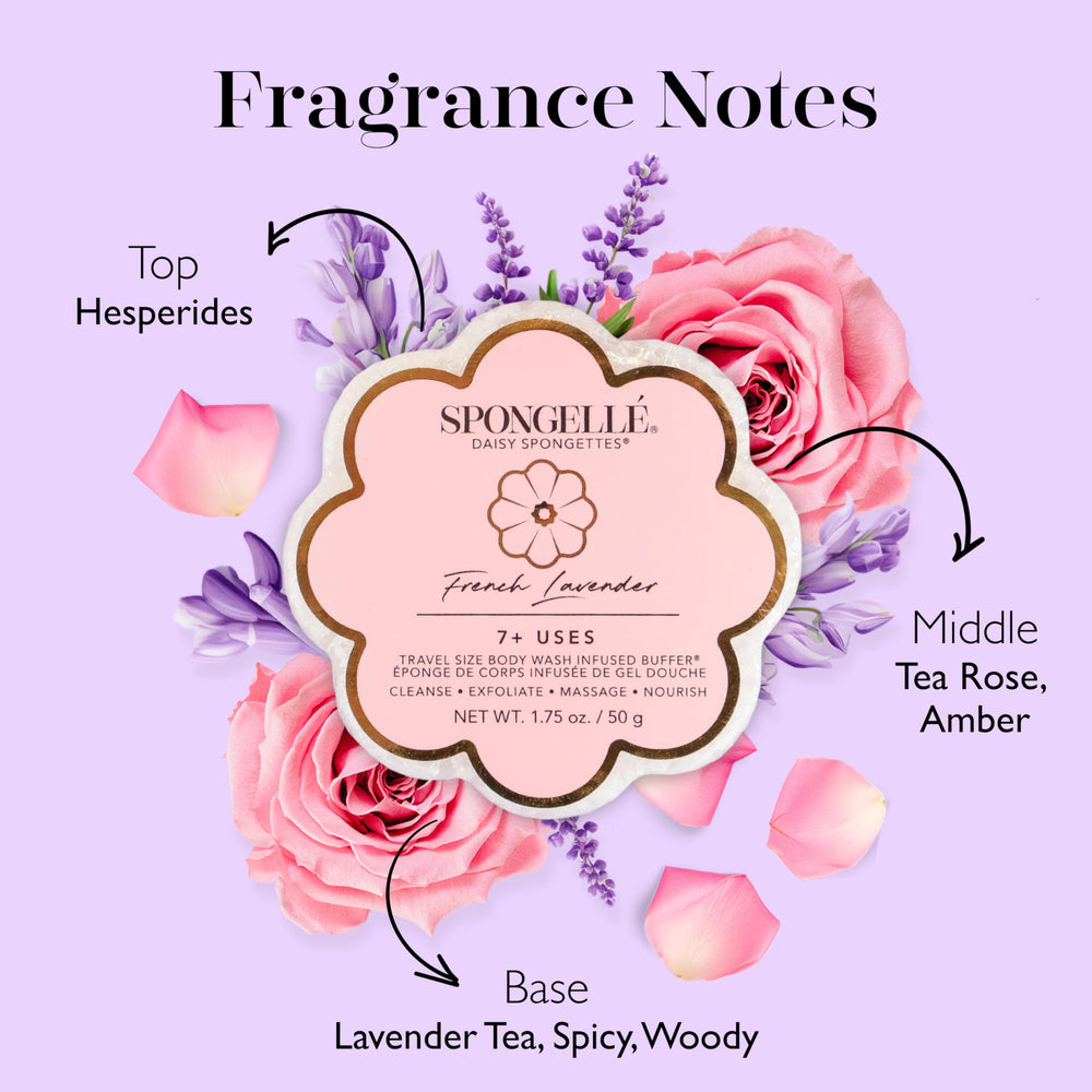 In-shower setup with SPONGELLÉ Daisy Spongette French Lavender for spa-like cleansing.