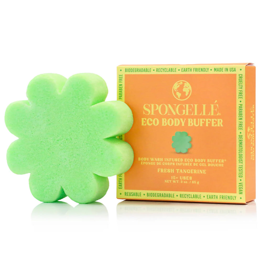 Spongellé Fresh Tangerine Eco Buffer close-up showing biodegradable cleansing tool for daily use