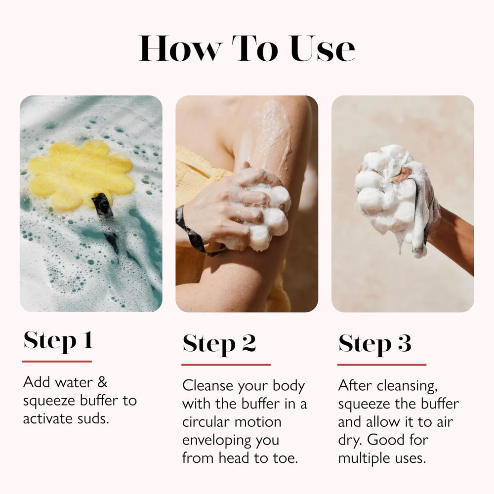 Spongellé body buffer in circular massage motion on skin