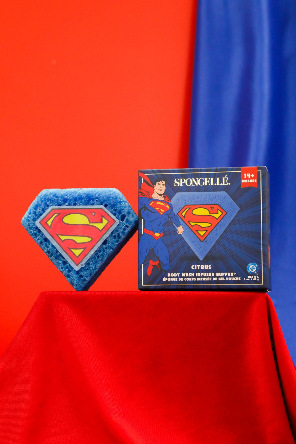 Spongellé Superman Citrus Buffer hydrates skin while cleansing and exfoliating.