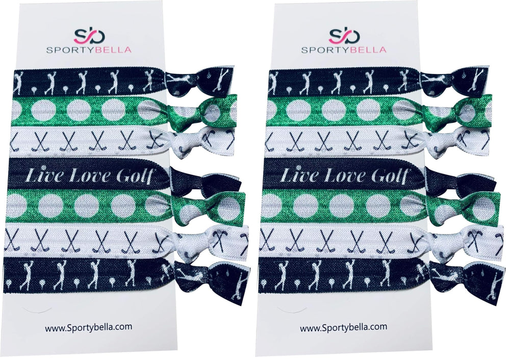 Sportybella girls hair ties with green golf club design, gentle hold for active golfers.