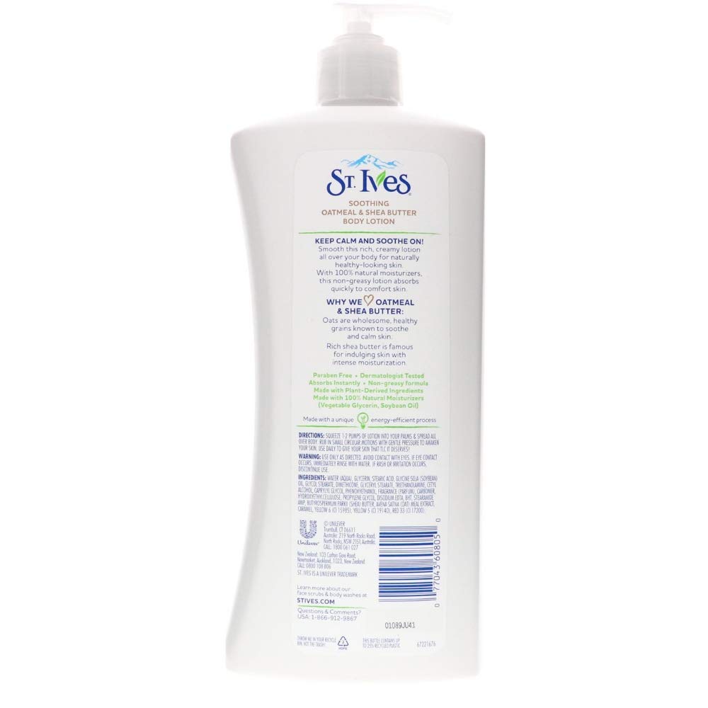 St. Ives body lotion application shows soothing moisture for dry skin.