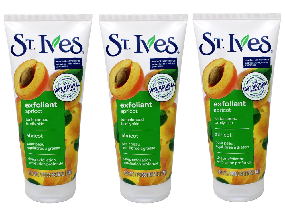 St. Ives Fresh Skin Scrub apricot jar label highlights trusted exfoliation for daily skincare