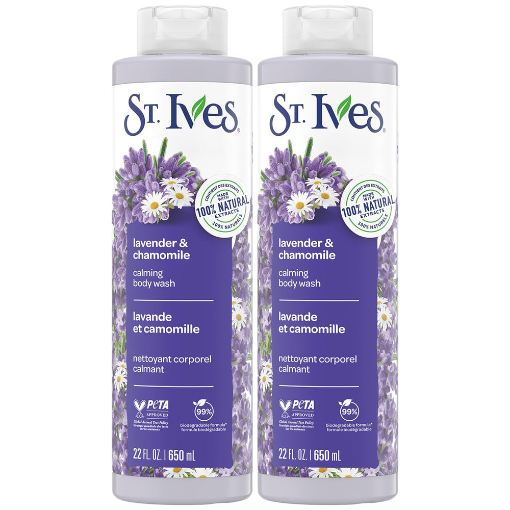 St. Ives Lavender Chamomile bottle pour supports a calming shower.