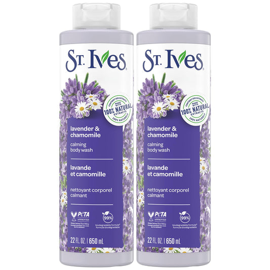 St. Ives Lavender Chamomile bottle pour supports a calming shower.