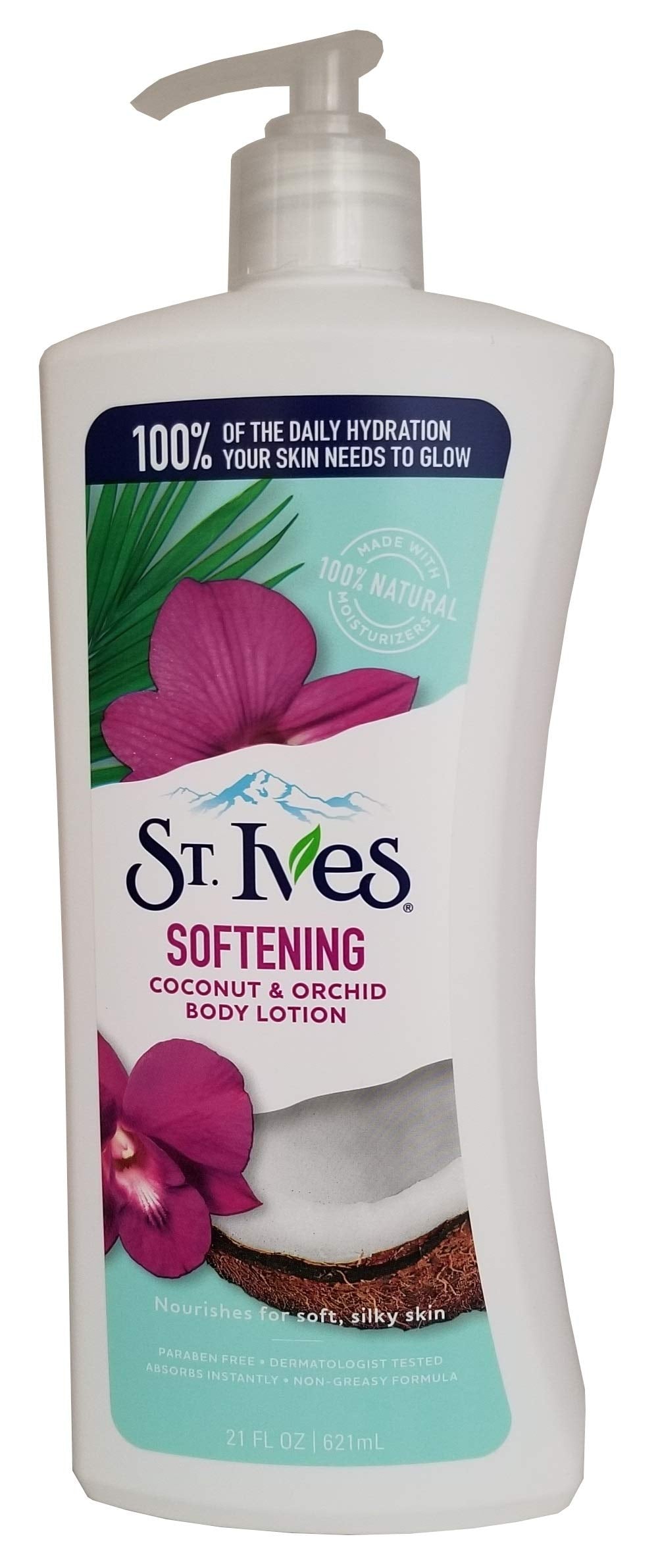 St. Ives softening body lotion bottle pump features coconut milk for smooth, hydrated skin.