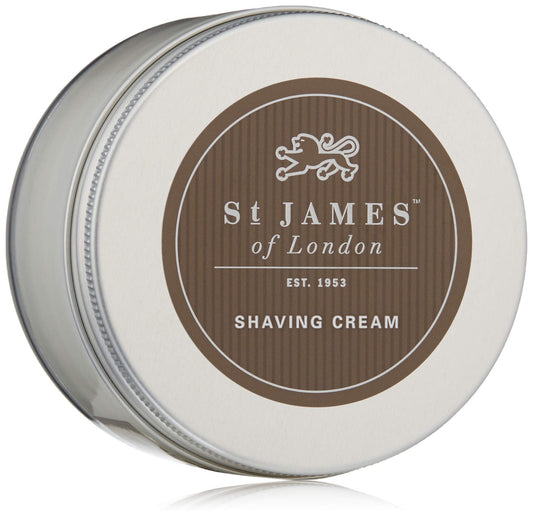 St James of London Cedarwood Clarysage shave cream jar in a glass bowl for premium presentation.