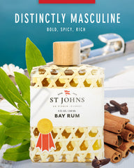 St. John Bay Rum bottle close-up emphasizes warm spices and bay leaf notes