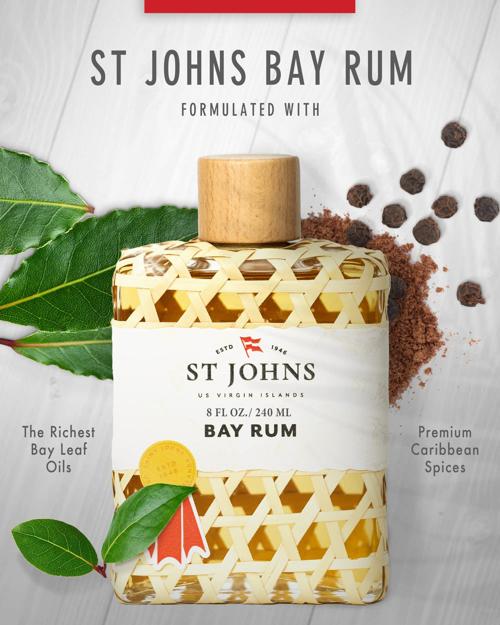 St. John Bay Rum label detail conveys classic masculinity with a refreshing finish