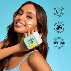 ST. MORIZ Suncare SPF 30+ face sunscreen application scene highlights fast-absorbing lotion.