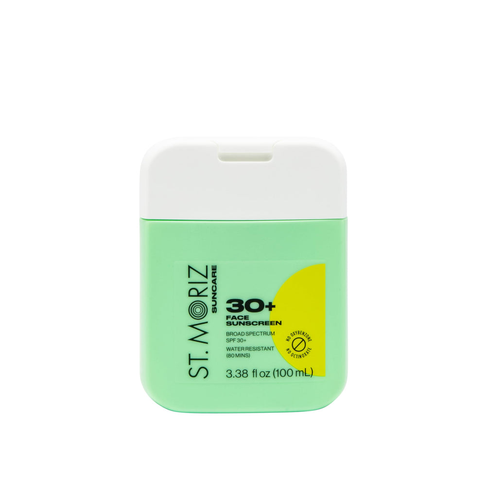 ST. MORIZ Suncare SPF 30+ face sunscreen bottle showing lightweight, non-greasy formula for daily wear.