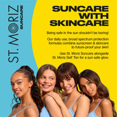 ST. MORIZ Suncare SPF 30+ face sunscreen with vitamin E suggests hydration and skin support.