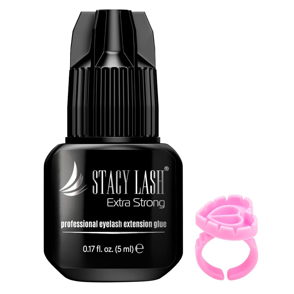 Stacy Lash Extra Strong Glue bottle front, fast-drying adhesion for professional lash extensions.